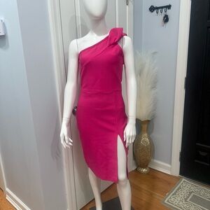One-Shoulder Fuchsia bandage Dress with Side Slit